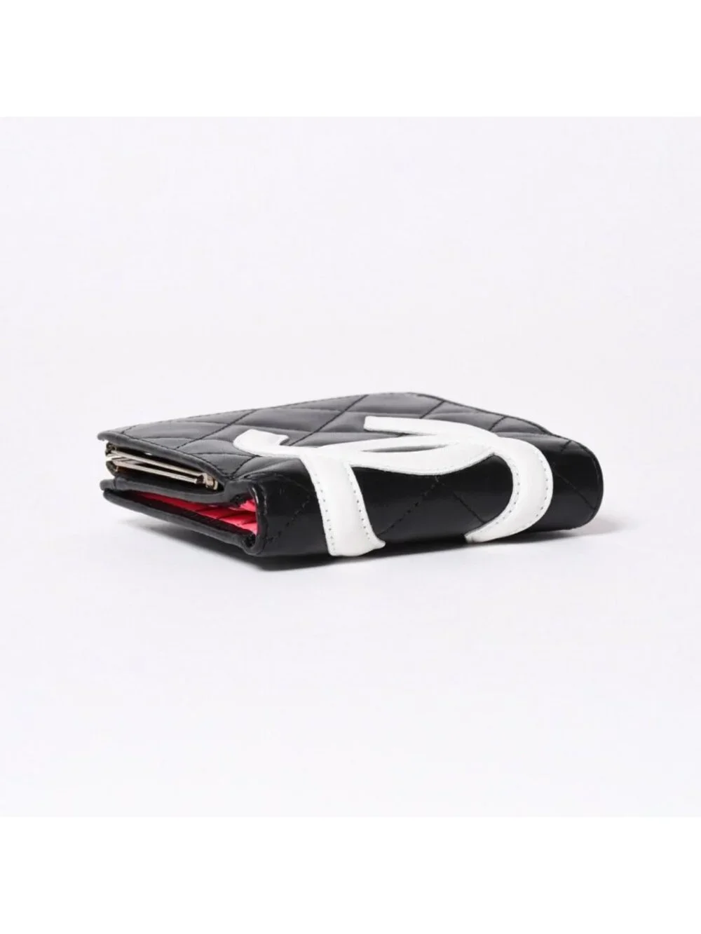 Chanel Cambon Line Bifold Wallet CC Logo Calfskin Kiss Lock Black Silver